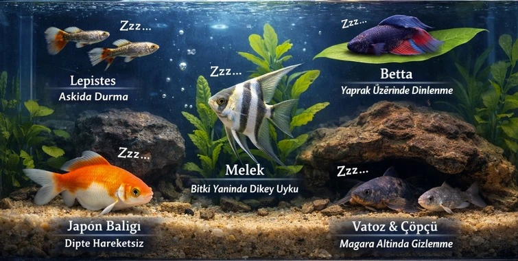Akvaryumda lepistes, betta, japon balığı ve vatoz türlerinin gece dinlenme pozisyonlarını gösteren görsel